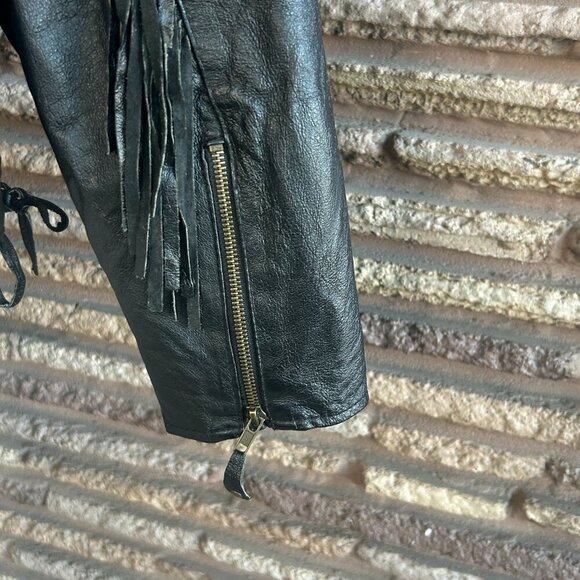 Vintage USA Bikers Dream Apparel Black Leather Biker Moto Jacket With Fringe - Picture 6 of 12